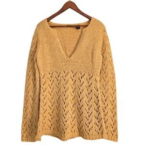 Whimsical Fairycore Empire Waist Open‑Knit Long Sleeve Tan Wool/Acrylic Blend M 